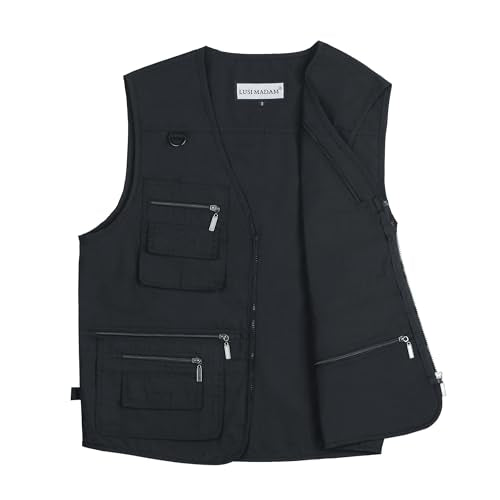 Men's Stone Washed Denim Multi-pocketed Fishing Work Outerwear Vest - color: Pure Black, size: 6X-Large