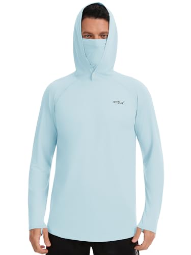 Men's UPF 50+ Sun Protection Hoodie Lightweight Quick Dry Fishing Shirts Long Sleeve Rash Guard with Mask - color: Light Blue, size: 3X-Large