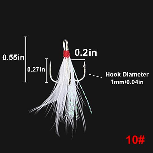 20Pcs Treble Fishing Hooks with Feather Size Stainless Steel Barbed Sharp Triple Fishhook with Box for Saltwater Freshwater - color: 20pcs-White Feather, size: 10#