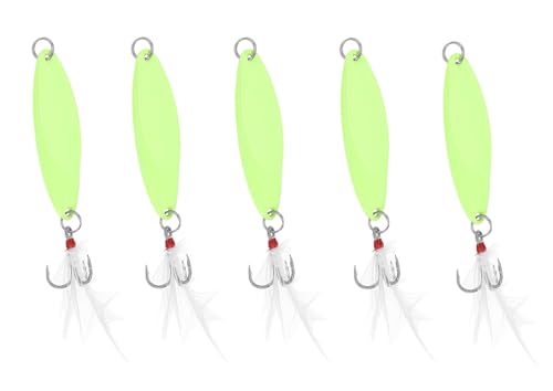 Fishing Spoons Fishing Lures Hard Metal Spinner Baits Glow in The Dark Casting Spoon Treble Hooks Jigs for Freshwater Saltwater，5 PCS with Box - size: 1/2oz
