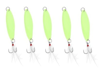 Fishing Spoons Fishing Lures Hard Metal Spinner Baits Glow in The Dark Casting Spoon Treble Hooks Jigs for Freshwater Saltwater，5 PCS with Box - size: 1/2oz