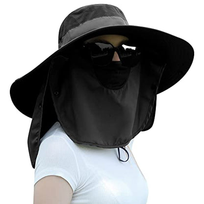 Women Wide Brim Face Mask Sun Hat Detachable Neck Face Flap Ponytail UV Protection Visor Hat Garden Fishing Hiking - color: Hyp008-black