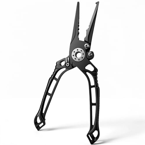 BASICGEAR Pro Fishing Pliers, 17-4PH Stainless Steel, 8", Saltwater Resistant, Braid Cutter, Split Ring Tool, Gunmetal Gray