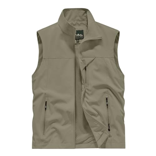 Mens Golf Vest Waterproof Fishing Shirt Zip Up Sleeveless Jacket with Pockets Outdoor Camping Hiking Shirts Travel Photo Vest - color: A07 Khaki, size: Medium