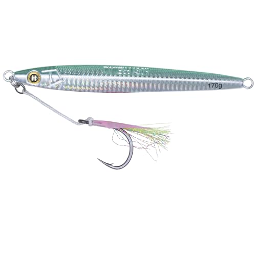 Hogy Big-Game Sand EEL Jig - Tuna Fishing Lure Knife-Style Deep Water Jig | Knife-style deep water jig with heavy-duty assist hooks for Tuna, Striped Bass, Groundfish & saltwater fishing. - color: Olive, size: 10/0 - 6.5oz