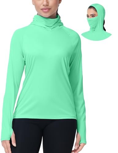 isnowood Women's Sun Protection Hoodie UPF 50+ Hiking Fishing Shirt, Long Sleeve UV Rash Guard with Face Mask Lightweight - color: Mint Green, size: X-Small