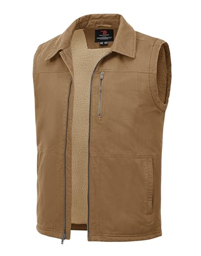 TBMPOY Men's Winter Vest Casual Sherpa Fleece lined Full Zip Lightweight Vest Outerwear Warm Cotton Travel Jackets - color: Khaki, size: Large