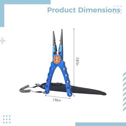 7.9 in Aluminum Fishing Pliers with Stainless Steel Cutters, Sawtooth Jaws, Lanyard and Sheath, Classic Blue
