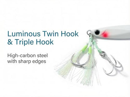 Saltwater Fishing Lures Metal Jigs Vertical Jigging Lure with Treble & Double Assist Hooks, 35-100g 6 pack Laser Glow Spoon Speed Sinking Slow Pitching Jig Offshore Targeting Tuna Mahi-Mahi Yellowtail - size: 60g/2.12oz