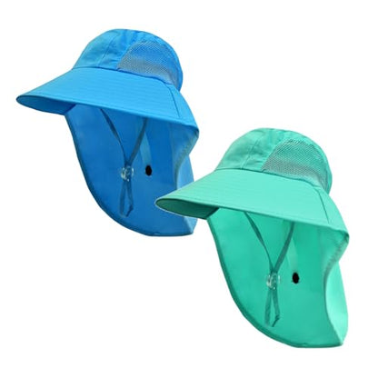 Rosoz Kids Sun Hat with Neck Flap UV Protection Summer Toddler Beach Hat Unisex Ponytail Hat Wide Brim Fishing Hat - color: Blue+lake Blue