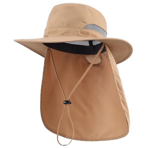 Connectyle UPF 50+ Wide Brim Sun Hat for Men Women UV Protection Fishing Hat with Neck Flap Outdoor Safari Bucket Hiking Hats - color: Dark Khaki