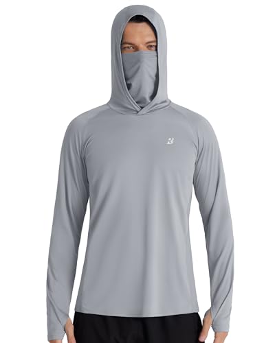 Roadbox Men's UPF 50+ Hooded Fishing Shirts Long Sleeve Sun Protection Hoodie, Hiking Running Swimming Rash Guard with Mask - color: Luxury Gray, size: Medium