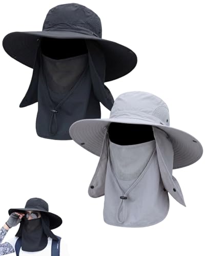 Mens Sun Hat with Neck Flap & Face Cover UPF 50+ Ultimate 360° All Terrain UV Protection Wide Brim Bucket Hats Hiking Fishing - color: 2pcs#c