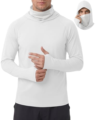 Men's UPF 50+ Sun Protection Hoodies Mask Long Sleeve Thumbholes Lightweight Dry Rash Guards Running Fishing Shirts - color: Natural White, size: Small