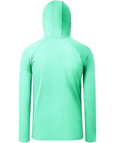 Boys Hooded Fishing Shirt with Mask, Kids UPF 50+ Long Sleeve Rash Guard Hoodie, Sun Protection Beach Swim Shirts - color: Green, size: Small
