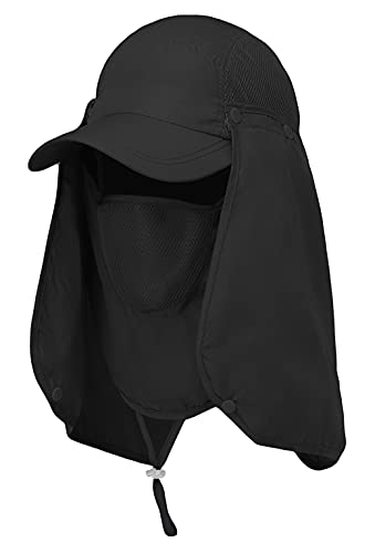 Sun Cap Fishing Hat for Men & Women, UV Protection, Lightweight Baseball Hat, Detachable Neck Flap & Face Cover, Windproof - color: Black