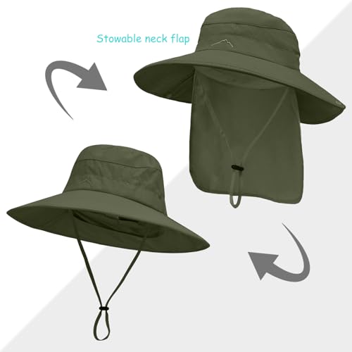 Sun Hats for Men Women, UPF50+ Protection Safari Hat,Wide Brim Fishing Hat with Neck Flap,Bucket Hats for Beach Hiking - color: Green