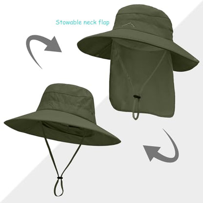 Sun Hats for Men Women, UPF50+ Protection Safari Hat,Wide Brim Fishing Hat with Neck Flap,Bucket Hats for Beach Hiking - color: Green