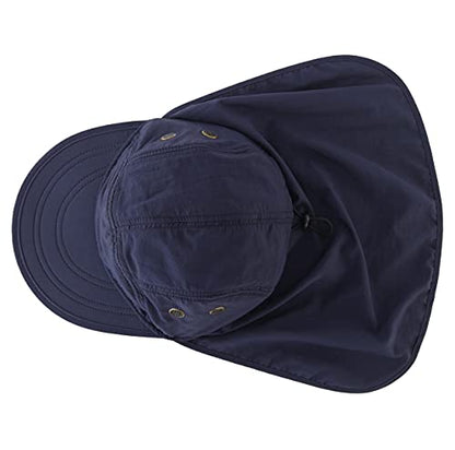 Connectyle Mens Foldable UV Protection Sun Hat with Removable Neck Flap Outdoor Adventure Sun Cap for Fishing Hiking Safari - color: Navy Blue