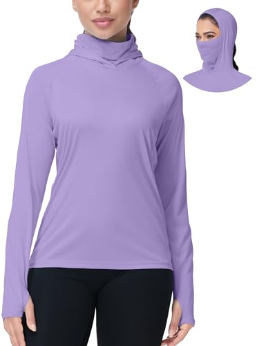 isnowood Women's Sun Protection Hoodie, UPF 50+ Hiking Fishing Shirt, Long Sleeve UV Rash Guard with Face Mask Lightweight Purple