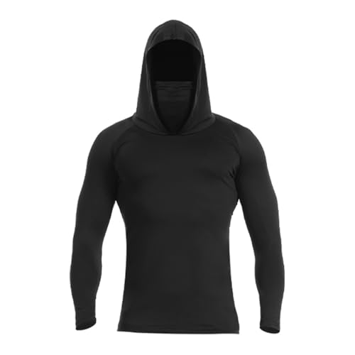 Men's UPF 50+ Sun Protection Hooded Shirt with Integrated Face Cover Long Sleeve Lightweight Rash Guard Shirts - color: C202- Black, size: Large