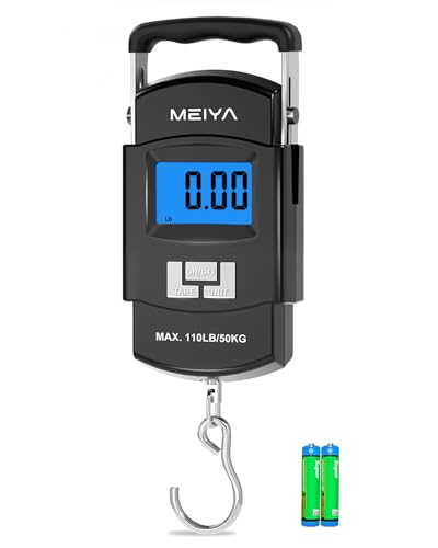 MEIYA Fish Scale 110lb/50kg Digital Fishing Scale with Backlit LCD, Portable Handle, Stainless Steel Hook & 2 AAA Batteries – Great Fishing Gifts for Men