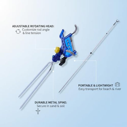 Blue Fishing Rod Holder with Metal Ground Spike, Adjustable Rotating Head for Sand and Soil, Portable Beach and Riverbank Stake
