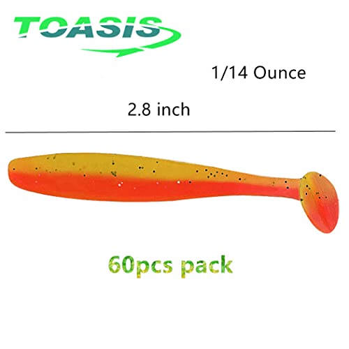 Toasis Fishing Soft Plastics Paddle Tail Swimbait Bass Trout Fishing Lures 2.8-inch Pack of 60 - color: Orange