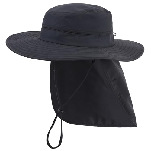 Connectyle Wide Brim Sun Hat for Men Women UPF 50+ Breathable Fishing Hat with Neck Flap Outdoor Hiking Safari Bucket Hats - color: Black