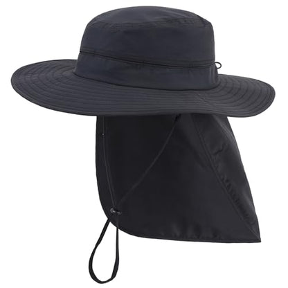 Connectyle Wide Brim Sun Hat for Men Women UPF 50+ Breathable Fishing Hat with Neck Flap Outdoor Hiking Safari Bucket Hats - color: Black
