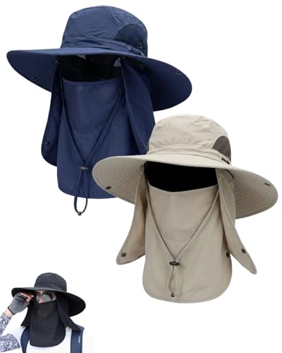 Mens Sun Hat with Neck Flap & Face Cover UPF 50+ Ultimate 360° All Terrain UV Protection Wide Brim Bucket Hats Hiking Fishing - color: 2pcs#e