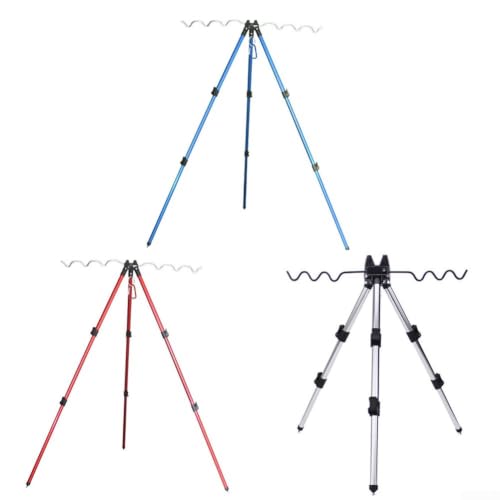 Aluminum Alloy Telescopic Fishing Rod Holder Tripod Stand, Collapsible Pole Bracket with Ground Spikes and Hook for Stability, Supports Up to 7 Rods - color: B Red