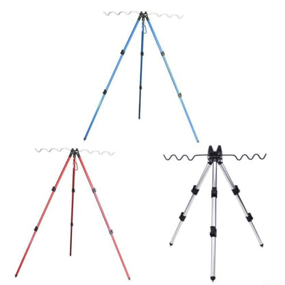 Aluminum Alloy Telescopic Fishing Rod Holder Tripod Stand, Collapsible Pole Bracket with Ground Spikes and Hook for Stability, Supports Up to 7 Rods - color: B Red