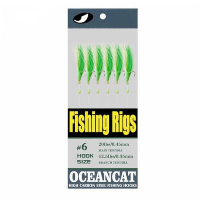 OCEAN CAT Fishing Rigs Saltwater Bait, Feather & Fish Skin 6 String Hooks Fishing Lure Tackle,Red/Green 10 Packs - size: 8#