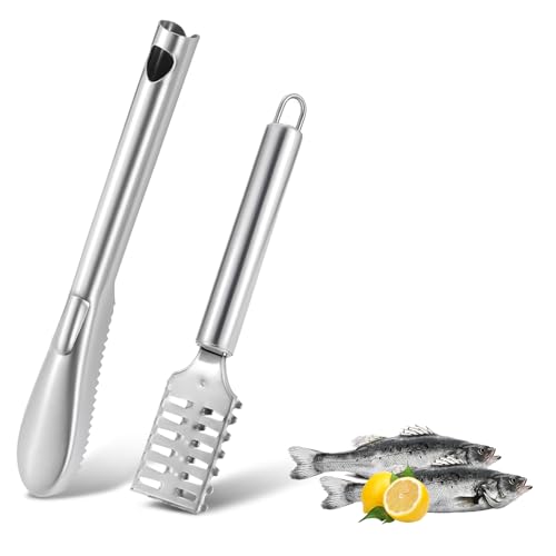 2 PCS Fish Scaler, Stainless Steel Fish Scale Remover, Fish Descaler Tool with Serrated Blade Design, Ideal for Home, Kitchen, Seafood Markets, and Professional Use - size: 2PCS
