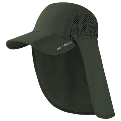 BASSDASH UPF 50+ Foldable Fishing Hat Baseball Cap with Removable Neck Flap Portable for Men Women Golf Hiking - color: Army Green With Foldable Brim