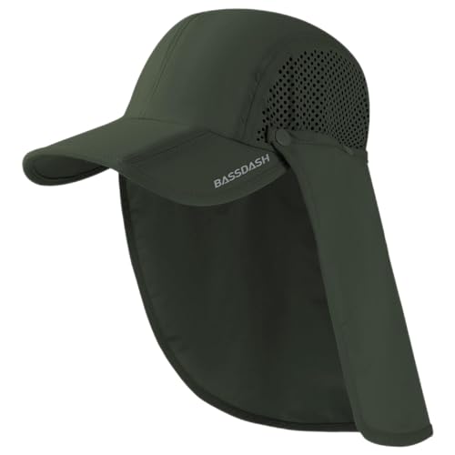 BASSDASH UPF 50+ Foldable Fishing Hat Baseball Cap with Removable Neck Flap Portable for Men Women Golf Hiking - color: Army Green With Foldable Brim