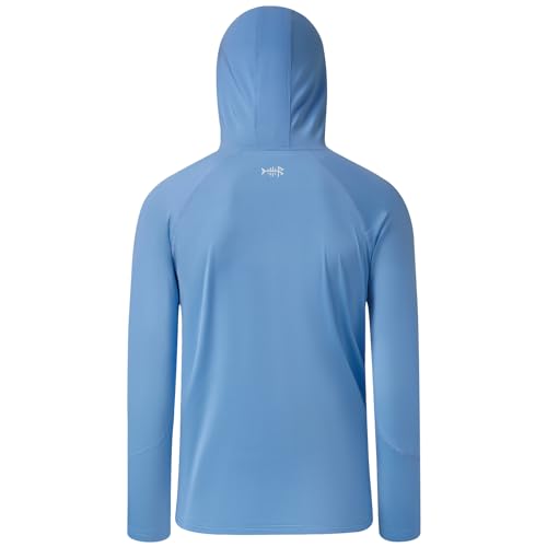 BASSDASH Youth UPF 50+ Hooded Shirts with Mask UV Neck Gaiter Sun Protection Long Sleeve T Shirt for Fishing Swim - color: Carolina, size: X-Large