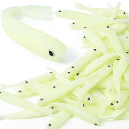 Syosisny 50 PCS Luminous Plastic Soft Fishing Lure, Lifelike Forked Tail Minnow, Luminous Fishing Baits Tackle for Saltwater and Freshwater Bass, Crappie, Walleye, or Trout Lures