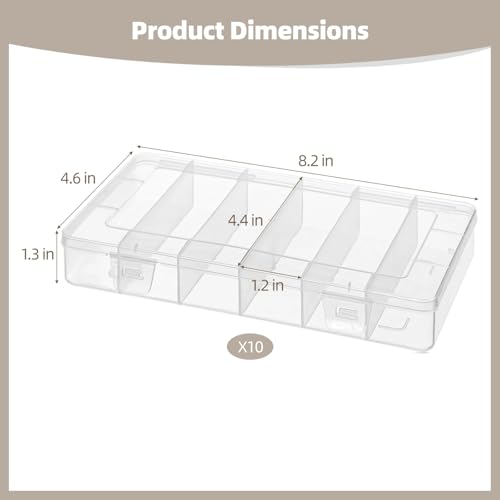 10 PCS Clear Tackle Box Organizer, 6 Grids Plastic Storage Container with Secure Lid, Small Parts Organizer for Craft Beads Binder Clips Sewing Supplies Lures Screws