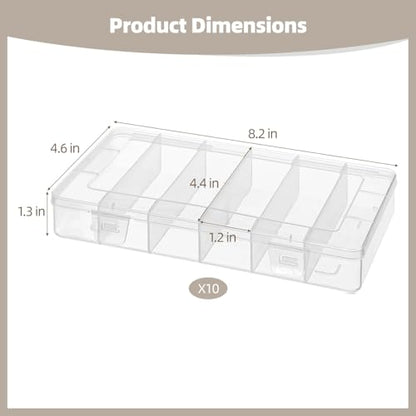 10 PCS Clear Tackle Box Organizer, 6 Grids Plastic Storage Container with Secure Lid, Small Parts Organizer for Craft Beads Binder Clips Sewing Supplies Lures Screws