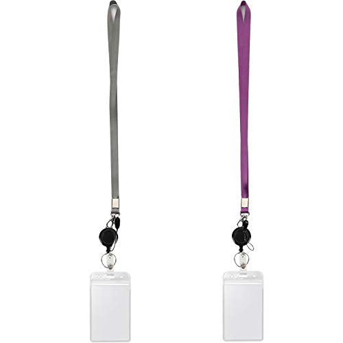 2Pack Lanyards with Vertical ID Badge Holders,Retractable Reel,Grey,Purple | Lightweight with Clips,for Office,Keys etc - color: Grey&purple&badge Reel-badge Holder Vertical
