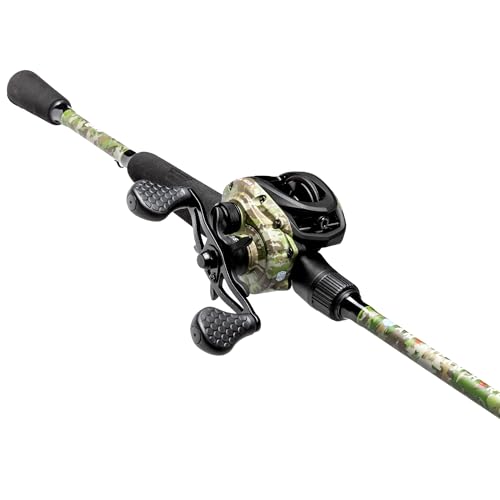 Lew’s American Hero Camo Baitcast Reel and Fishing Rod Combo, IM7 Graphite Rod, 5+1 Bearings, 7.5:1 Gear Ratio, One-Piece Graphite Frame, Camo/Black