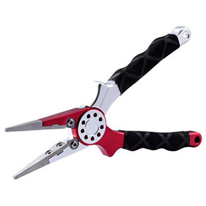 Professional Saltwater/Fresh Water Aluminum Fishing Pliers Tungsten Carbide Cutters Hook Remover with Sheath and Lanyard - color: Red.t