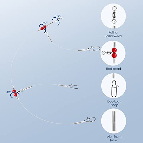 Fishing Leader Fishing Rigs, Luroad 6/12/18 Pcs Nylon-Coated Lines with Swivels Snap Beads, Stainless Steel Hooks Crimps Saltwater Freshwater for Fishing Lovers Angler, 1 Arm/ 2 Arms - color: L.2 Arm-Red-18pcs
