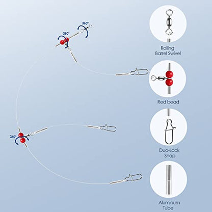 Fishing Leader Fishing Rigs, Luroad 6/12/18 Pcs Nylon-Coated Lines with Swivels Snap Beads, Stainless Steel Hooks Crimps Saltwater Freshwater for Fishing Lovers Angler, 1 Arm/ 2 Arms - color: J.2 Arm-Red-6pcs