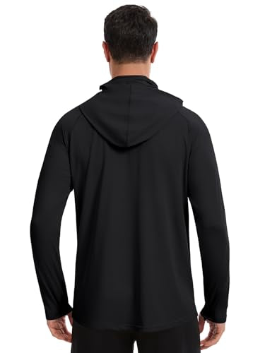 Men's UPF 50+ Sun Protection Hoodie Lightweight Quick Dry Fishing Shirts Long Sleeve Rash Guard with Mask - color: Black, size: Medium