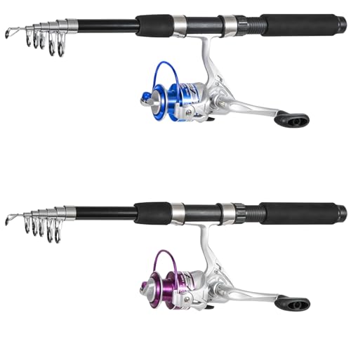 Tripquips Fishing Pole Combo, 6.9ft 2Pcs Telescopic Rods Set, Collapsible Fishing Rods, 2PCS Spinning Reel Set with Carrier Bag Freshwater Fishing Rod and Reel Combos Kits - color: Blue & Purple Fishing Combos