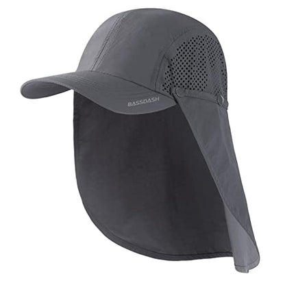 BASSDASH UPF 50+ Foldable Fishing Hat Baseball Cap with Removable Neck Flap Portable for Men Women Golf Hiking - color: Dark Grey With Unfoldable Brim