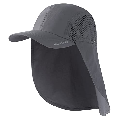 BASSDASH UPF 50+ Foldable Fishing Hat Baseball Cap with Removable Neck Flap Portable for Men Women Golf Hiking - color: Dark Grey With Unfoldable Brim